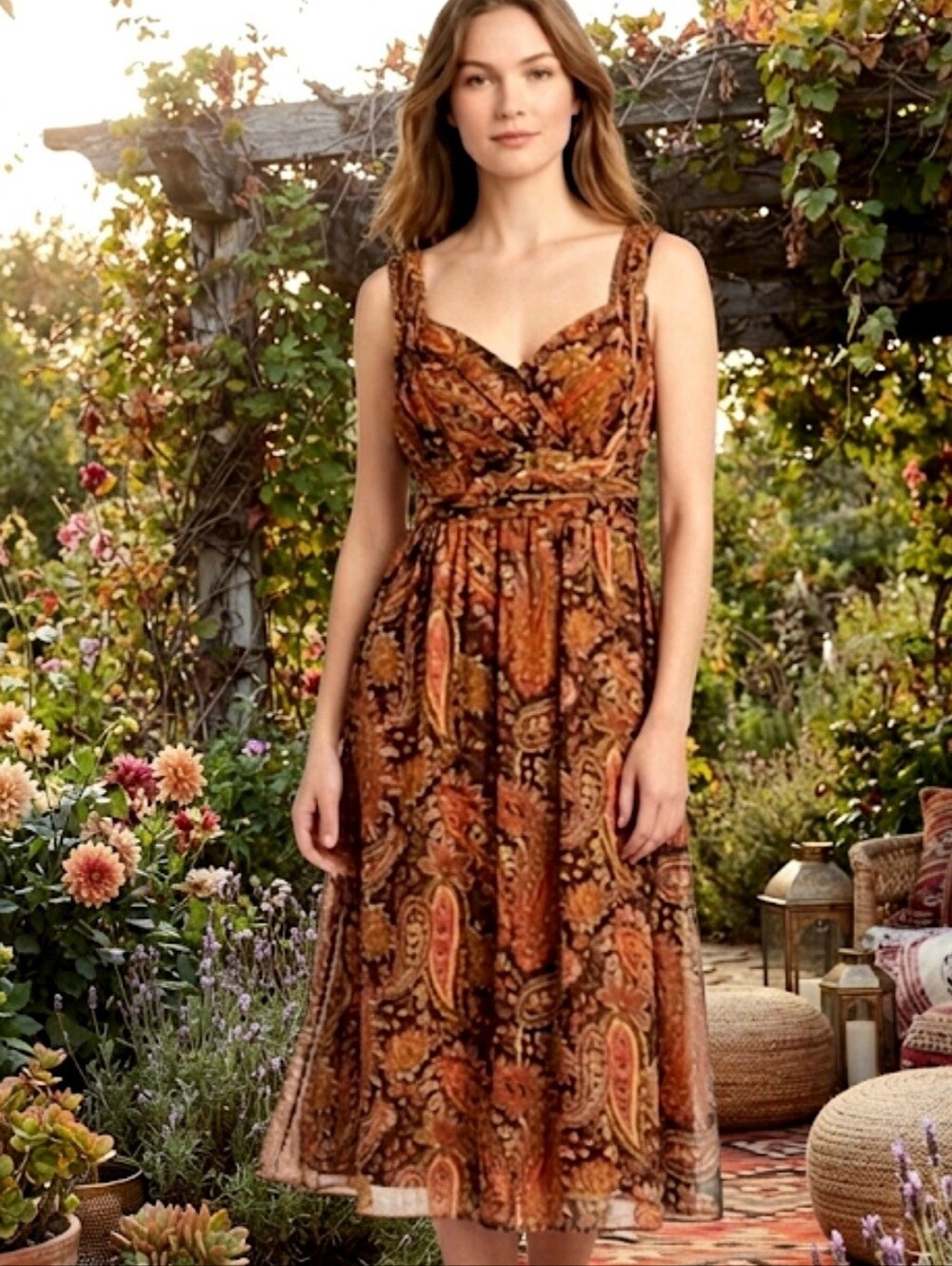 Sundance Silk Chiffon Paisley Midi Dress Burnt Orange Boho Sweetheart Size 4